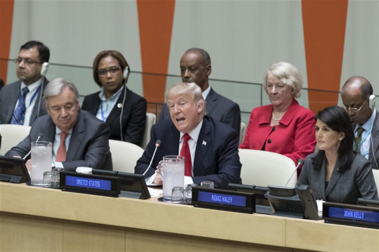 U.S. President Donald Trump (C, front) speaks at a high-level UN reform meeting at the UN headquarters in New York, Sept. 18, 2017. (Xinhua/Li Muzi) U.S. President Donald Trump (C, front) speaks at a high-level UN reform meeting at the UN headquarters in New York, Sept. 18, 2017. (Xinhua/Li Muzi)