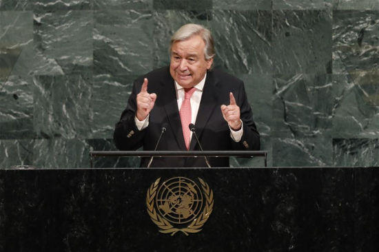 UN Secretary-General Antonio Guterres addresses the 72nd session of the United Nations General Assembly, at the UN headquarters in New York, Sept. 19, 2017. UN Secretary-General Antonio Guterres on Tuesday highlighted nuclear peril while addressing the General Assembly in his work report. (Xinhua/Li Muzi) UN Secretary-General Antonio Guterres addresses the 72nd session of the United Nations General Assembly, at the UN headquarters in New York, Sept. 19, 2017. UN Secretary-General Antonio Guterres on Tuesday highlighted nuclear peril while addressing the General Assembly in his work report. (Xinhua/Li Muzi)