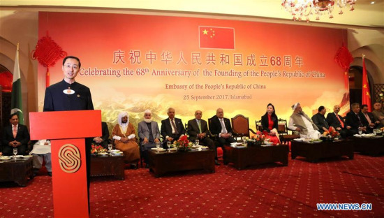 Chinese Ambassador to Pakistan Sun Weidong (L, front) delivers a speech at a reception to celebrate the 68th anniversary of the founding of the People's Republic of China in Islamabad, capital of Pakistan, on Sept. 25, 2017. (Xinhua/Ahmad Kamal) Chinese Ambassador to Pakistan Sun Weidong (L, front) delivers a speech at a reception to celebrate the 68th anniversary of the founding of the People's Republic of China in Islamabad, capital of Pakistan, on Sept. 25, 2017. (Xinhua/Ahmad Kamal)