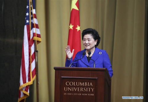 Visiting Chinese Vice Premier Liu Yandong delivers a keynote speech at the opening ceremony of the China-U.S. University Presidents and Think Tank Forum at Columbia University in New York City, the United States, Sept. 26, 2017. (Xinhua/Wang Ying) Visiting Chinese Vice Premier Liu Yandong delivers a keynote speech at the opening ceremony of the China-U.S. University Presidents and Think Tank Forum at Columbia University in New York City, the United States, Sept. 26, 2017. (Xinhua/Wang Ying)