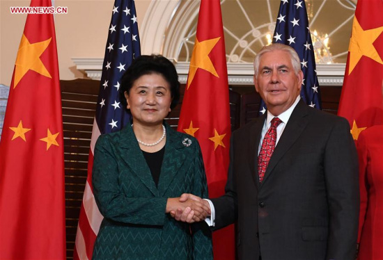 Chinese Vice Premier Liu Yandong shakes hands with U.S. Secretary of State Rex Tillerson at the U.S. Department of State in Washington D.C. Sept. 28, 2017. (Xinhua/Yin Bogu) Chinese Vice Premier Liu Yandong shakes hands with U.S. Secretary of State Rex Tillerson at the U.S. Department of State in Washington D.C. Sept. 28, 2017. (Xinhua/Yin Bogu)