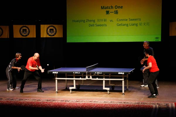 Former world champions Liang Geliang and Zheng Huaiying play with their American counterparts Dell Sweeris and Connie Sweeris, who visited Beijing in 1971, at the University of Michigan on Monday 45 years after the Chinese ping-pong delegation the U.S. in 1972. Zhang Ruinan/China Daily Former world champions Liang Geliang and Zheng Huaiying play with their American counterparts Dell Sweeris and Connie Sweeris, who visited Beijing in 1971, at the University of Michigan on Monday 45 years after the Chinese ping-pong delegation the U.S. in 1972. Zhang Ruinan/China Daily