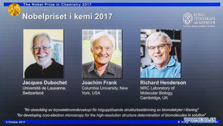 Winners of the 2017 Nobel Prize in Chemistry Jacques Dubochet, Joachim Frank and Richard Henderson (from L to R) are shown on a screen at the Royal Swedish Academy of Sciences in Stockholm, Sweden, on Oct. 4, 2017. Three scientists shared 2017 Nobel Prize in Chemistry, the Royal Swedish Academy of Sciences announced on Wednesday. The Nobel Prize in Chemistry 2017 was awarded to Jacques Dubochet, Joachim Frank and Richard Henderson for developing cryo-electron microscopy for the high-resolution structure determination of biomolecules in solution. (Xinhua/Shi Tiansheng) Winners of the 2017 Nobel Prize in Chemistry Jacques Dubochet, Joachim Frank and Richard Henderson (from L to R) are shown on a screen at the Royal Swedish Academy of Sciences in Stockholm, Sweden, on Oct. 4, 2017. Three scientists shared 2017 Nobel Prize in Chemistry, the Royal Swedish Academy of Sciences announced on Wednesday. The Nobel Prize in Chemistry 2017 was awarded to Jacques Dubochet, Joachim Frank and Richard Henderson for developing cryo-electron microscopy for the high-resolution structure determination of biomolecules in solution. (Xinhua/Shi Tiansheng)
