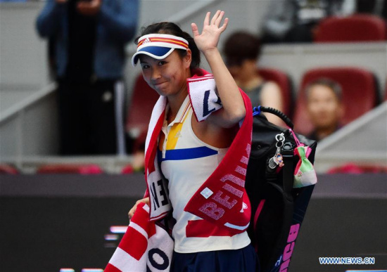 Peng Shuai of China waves to the spectators after she retired due to injury inthe women's singles third round match against Jelena Ostapenko of Latvia at the China Open tennis tournament in Beijing on Oct. 5, 2017. (Xinhua/Zhang Chenlin) Peng Shuai of China waves to the spectators after she retired due to injury inthe women's singles third round match against Jelena Ostapenko of Latvia at the China Open tennis tournament in Beijing on Oct. 5, 2017. (Xinhua/Zhang Chenlin)