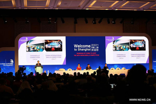 Photo taken on Oct. 13, 2017 shows the meeting attended by members of the WorldSkills International in Abu Dhabi, United Arab Emirates (UAE). Members of the WorldSkills International voted Friday that the 46th WorldSkills Competition would be held in the Chinese city of Shanghai. (Xinhua/Su Xiaopo) Photo taken on Oct. 13, 2017 shows the meeting attended by members of the WorldSkills International in Abu Dhabi, United Arab Emirates (UAE). Members of the WorldSkills International voted Friday that the 46th WorldSkills Competition would be held in the Chinese city of Shanghai. (Xinhua/Su Xiaopo)