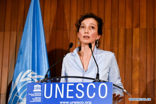 Audrey Azoulay delivers a speech at the headquarters of United Nations Educational, Scientific and Cultural Organization (UNESCO) in Paris, France, on Oct. 13, 2017. French candidate Audrey Azoulay was nominated as candidate for next Director-General of UNESCO on Friday by the executive board. (Xinhua/Chen Yichen) Audrey Azoulay delivers a speech at the headquarters of United Nations Educational, Scientific and Cultural Organization (UNESCO) in Paris, France, on Oct. 13, 2017. French candidate Audrey Azoulay was nominated as candidate for next Director-General of UNESCO on Friday by the executive board. (Xinhua/Chen Yichen)
