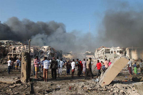 Photo taken on Oct. 14, 2017 shows the explosion site near Safari hotel in Mogadishu, capital of Somalia. (Xinhua/Faisal Isse) Photo taken on Oct. 14, 2017 shows the explosion site near Safari hotel in Mogadishu, capital of Somalia. (Xinhua/Faisal Isse)