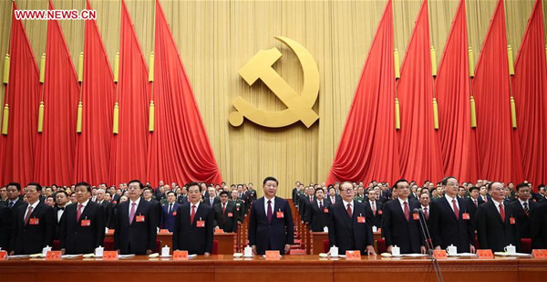 Xi Jinping (C, front), Li Keqiang (3rd R, front), Zhang Dejiang (3rd L, front), Yu Zhengsheng (2nd R, front), Liu Yunshan (2nd L, front), Wang Qishan (1st R, front), Zhang Gaoli (1st L, front), Jiang Zemin (4th R, front) and Hu Jintao (4th L, front) attend the opening session of the 19th National Congress of the Communist Party of China (CPC) at the Great Hall of the People in Beijing, capital of China, Oct. 18, 2017. (Xinhua/Lan Hongguang) Xi Jinping (C, front), Li Keqiang (3rd R, front), Zhang Dejiang (3rd L, front), Yu Zhengsheng (2nd R, front), Liu Yunshan (2nd L, front), Wang Qishan (1st R, front), Zhang Gaoli (1st L, front), Jiang Zemin (4th R, front) and Hu Jintao (4th L, front) attend the opening session of the 19th National Congress of the Communist Party of China (CPC) at the Great Hall of the People in Beijing, capital of China, Oct. 18, 2017. (Xinhua/Lan Hongguang)