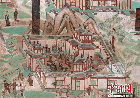 A mural from the Mogao Cave 61 shows a celebration scene at Wutai Mountain during Chongyang Festival. (Photo/Chinanews.com) A mural from the Mogao Cave 61 shows a celebration scene at Wutai Mountain during Chongyang Festival. (Photo/Chinanews.com)