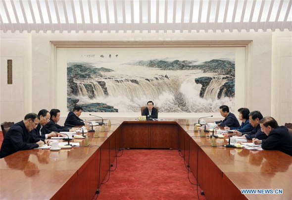 Zhang Dejiang, chairman of the National People's Congress (NPC) Standing Committee, presides over the meeting of the Leading Party Members' Group of the 12th NPC Standing Committee to comprehend the meaning of the 19th Communist Party of China (CPC) National Congress, in Beijing, China, Oct. 26, 2017. (Xinhua/Liu Weibing)