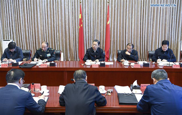 Zhao Leji (C rear), a member of the Standing Committee of the Political Bureau of the Communist Party of China (CPC) Central Committee and secretary of the CPC Central Commission for Discipline Inspection (CCDI), presides over the first meeting of the Standing Committee of the 19th CCDI in Beijing, capital of China, Oct. 29, 2017. (Xinhua/Zhang Ling) Zhao Leji (C rear), a member of the Standing Committee of the Political Bureau of the Communist Party of China (CPC) Central Committee and secretary of the CPC Central Commission for Discipline Inspection (CCDI), presides over the first meeting of the Standing Committee of the 19th CCDI in Beijing, capital of China, Oct. 29, 2017. (Xinhua/Zhang Ling)