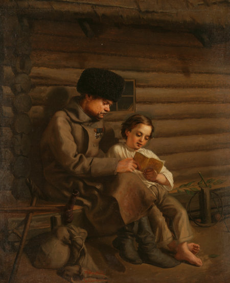 Paintings loaned from Belarus' national art museum, Nikodim Silvanovich's Soldier with a Boy, on show in Beijing. (Photo provided to China Daily)