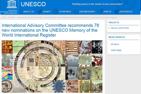 A story on the UNESCO Memory of the World International Register is seen in this screen shot from UNESCO's web page. A story on the UNESCO Memory of the World International Register is seen in this screen shot from UNESCO's web page.