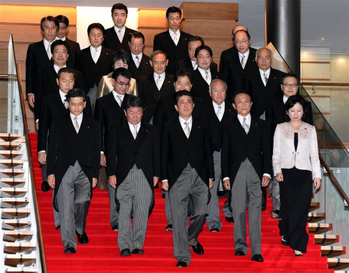 Japanese Prime Minister Shinzo Abe (front C) and his cabinet members pose for photos at Abe's official residence in Tokyo, Japan, Nov. 1, 2017. Japanese Prime Minister Shinzo Abe who was reappointed as the nation's leader on Wednesday retained all of his ministers in his relaunched cabinet. (Xinhua/Ma Ping) Japanese Prime Minister Shinzo Abe (front C) and his cabinet members pose for photos at Abe's official residence in Tokyo, Japan, Nov. 1, 2017. Japanese Prime Minister Shinzo Abe who was reappointed as the nation's leader on Wednesday retained all of his ministers in his relaunched cabinet. (Xinhua/Ma Ping)