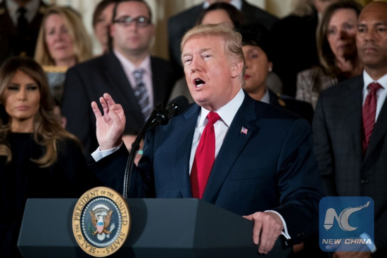 U.S. President Donald Trump speaks during an event highlighting efforts to battle the opioid crisis at the White House in Washington D.C., the United States, on Oct. 26, 2017. Trump on Thursday declared the opioid crisis a national public health emergency in the United States and vowed to build a wall to confront the growing scourge. (Xinhua/Ting Shen) U.S. President Donald Trump speaks during an event highlighting efforts to battle the opioid crisis at the White House in Washington D.C., the United States, on Oct. 26, 2017. Trump on Thursday declared the opioid crisis a national public health emergency in the United States and vowed to build a wall to confront the growing scourge. (Xinhua/Ting Shen)
