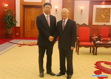 General Secretary of the Communist Party of Vietnam Nguyen Phu Trong (R) meets with Song Tao, special envoy of General Secretary of the Communist Party of China (CPC) Central Committee Xi Jinping, in Hanoi, Vietnam, Nov. 1, 2017. (Xinhua/Le Yanna) General Secretary of the Communist Party of Vietnam Nguyen Phu Trong (R) meets with Song Tao, special envoy of General Secretary of the Communist Party of China (CPC) Central Committee Xi Jinping, in Hanoi, Vietnam, Nov. 1, 2017. (Xinhua/Le Yanna)