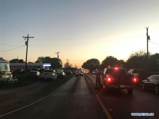 A road near the attack site is blocked by police in Sutherland Springs of Texas, the United States, Nov. 5, 2017. (Xinhua/Liu Liwei) A road near the attack site is blocked by police in Sutherland Springs of Texas, the United States, Nov. 5, 2017. (Xinhua/Liu Liwei)
