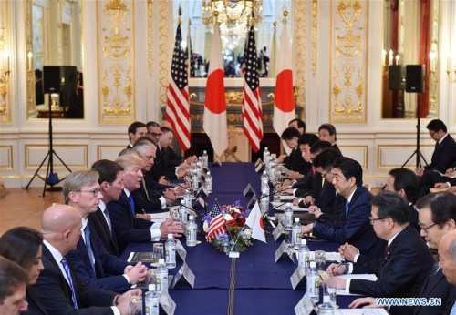 Japanese Prime Minister Shinzo Abe holds talks with visiting U.S. President Donald Trump in Tokyo, capital of Japan, on Nov. 6, 2017. (Xinhua) Japanese Prime Minister Shinzo Abe holds talks with visiting U.S. President Donald Trump in Tokyo, capital of Japan, on Nov. 6, 2017. (Xinhua)
