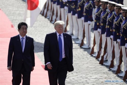 Japanese Prime Minister Shinzo Abe (L) welcomes visiting U.S. President Donald Trump in Tokyo, capital of Japan, on Nov. 6, 2017. (Xinhua) Japanese Prime Minister Shinzo Abe (L) welcomes visiting U.S. President Donald Trump in Tokyo, capital of Japan, on Nov. 6, 2017. (Xinhua)