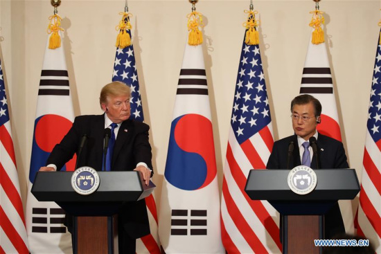 U.S. President Donald Trump (L) and South Korean President Moon Jae-in attend a press conference at the presidential residence in Seoul, South Korea, Nov. 7, 2017. (Xinhua/POOL) U.S. President Donald Trump (L) and South Korean President Moon Jae-in attend a press conference at the presidential residence in Seoul, South Korea, Nov. 7, 2017. (Xinhua/POOL)