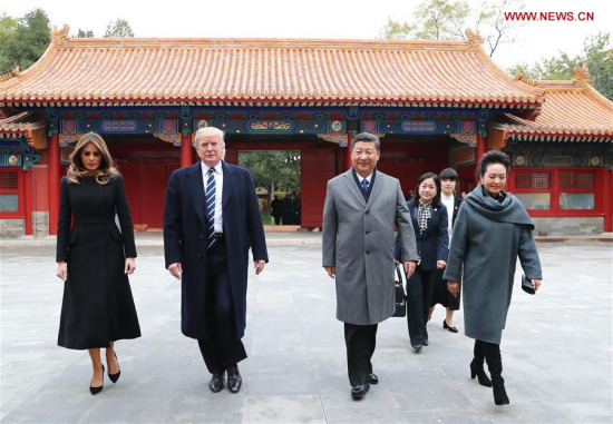 Chinese President Xi Jinping (2nd R) and his wife Peng Liyuan (1st R) welcome U.S. President Donald Trump (2nd L) and his wife Melania Trump at the Palace Museum, or the Forbidden City, in Beijing, capital of China, Nov. 8, 2017. (Xinhua/Xie Huanchi) Chinese President Xi Jinping (2nd R) and his wife Peng Liyuan (1st R) welcome U.S. President Donald Trump (2nd L) and his wife Melania Trump at the Palace Museum, or the Forbidden City, in Beijing, capital of China, Nov. 8, 2017. (Xinhua/Xie Huanchi)