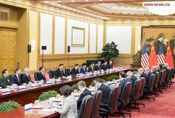 Chinese President Xi Jinping holds talks with U.S. President Donald Trump at the Great Hall of the People in Beijing, capital of China, Nov. 9, 2017. (Xinhua/Li Xueren) Chinese President Xi Jinping holds talks with U.S. President Donald Trump at the Great Hall of the People in Beijing, capital of China, Nov. 9, 2017. (Xinhua/Li Xueren)