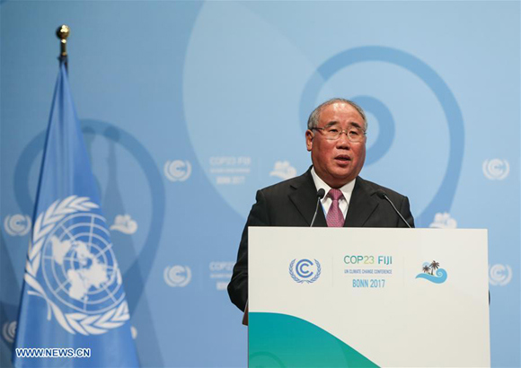 China's special representative on climate change affairs Xie Zhenhua delivers a speech during a high-level meeting of UN climate talks in Bonn, Germany, on Nov. 16, 2017. (Xinhua/Shan Yuqi) China's special representative on climate change affairs Xie Zhenhua delivers a speech during a high-level meeting of UN climate talks in Bonn, Germany, on Nov. 16, 2017. (Xinhua/Shan Yuqi)