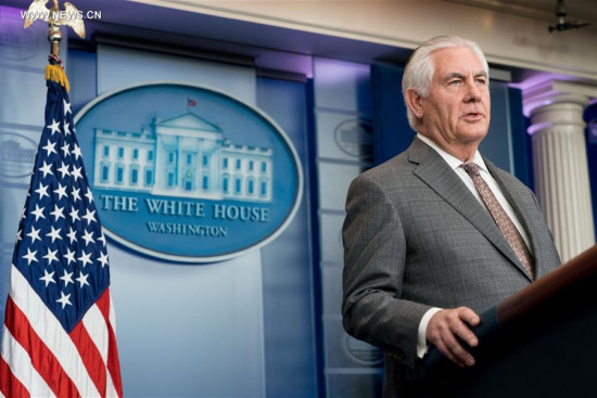 U.S. State Secretary Rex Tillerson speaks during a press briefing after U.S. President Donald Trump designated the Democratic People's Republic of Korea (DPRK) as a state sponsor of terror at the White House in Washington D.C. Nov. 20, 2017. (Xinhua/Shen Ting) U.S. State Secretary Rex Tillerson speaks during a press briefing after U.S. President Donald Trump designated the Democratic People's Republic of Korea (DPRK) as a state sponsor of terror at the White House in Washington D.C. Nov. 20, 2017. (Xinhua/Shen Ting)
