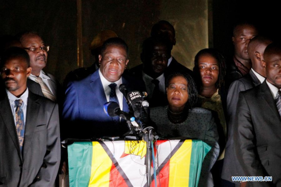 Zimbabwe's incoming president Emmerson Mnangagwa (L, center) makes a public address at ZANU-PF headquarters in Harare, capital of Zimbabwe, on Nov. 22, 2017. (Xinhua/Chen Yaqin)