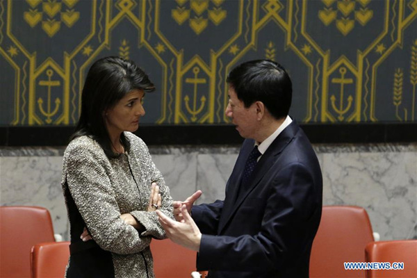 U.S. Ambassador to the United Nations Nikki Haley (L) speaks with Wu Haitao, the charge d'affaires of China's Permanent Mission to the United Nations, after a Security Council urgent meeting on the Tuesday's missile launch by the Democratic People's Republic of Korea (DPRK), at the UN headquarters in New York, Nov. 29, 2017. (Xinhua/Li Muzi) U.S. Ambassador to the United Nations Nikki Haley (L) speaks with Wu Haitao, the charge d'affaires of China's Permanent Mission to the United Nations, after a Security Council urgent meeting on the Tuesday's missile launch by the Democratic People's Republic of Korea (DPRK), at the UN headquarters in New York, Nov. 29, 2017. (Xinhua/Li Muzi)