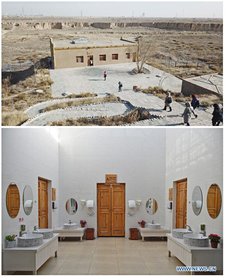 Combo photo shows the exterior scene (up) and the interior scene (bottom) of a public toilet at the Shuidonggou scenic area in Yinchuan City, capital of northwest China's Ningxia Hui Autonomous Region, Nov. 28, 2017. Nearly 300 million yuan (45.4 million U.S. dollars) have been spent in installing or renovating 481 toilets at tourists sites in Ningxia since 2015. (Xinhua/Li Ran) Combo photo shows the exterior scene (up) and the interior scene (bottom) of a public toilet at the Shuidonggou scenic area in Yinchuan City, capital of northwest China's Ningxia Hui Autonomous Region, Nov. 28, 2017. Nearly 300 million yuan (45.4 million U.S. dollars) have been spent in installing or renovating 481 toilets at tourists sites in Ningxia since 2015. (Xinhua/Li Ran)