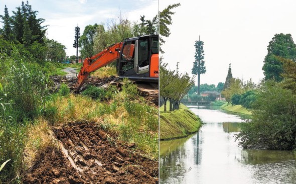 Left: The Gujiadu River in Wuxi, Jiangsu province, was nearly blocked by mud during dredging in August last year. Right: The river in October after the dredging. It has become a place of leisure for nearby residents. (SHEN BOHAN / XINHUA)