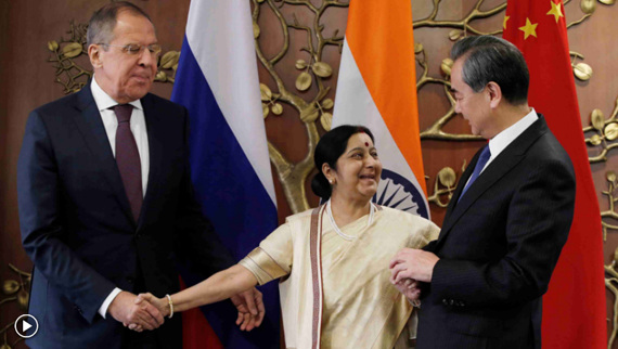 (From left to right) Foreign ministers of Russia, India and China meet in New Delhi. (Photo/Video screenshot) (From left to right) Foreign ministers of Russia, India and China meet in New Delhi. (Photo/Video screenshot)