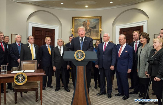 Photo released by NASA on Dec. 11, 2017 shows U.S. President Donald Trump (C) speaking before signing the Space Policy Directive 1 at the White House in Washington D.C., the United States. (Xinhua/NASA/Aubrey Gemignani) Photo released by NASA on Dec. 11, 2017 shows U.S. President Donald Trump (C) speaking before signing the Space Policy Directive 1 at the White House in Washington D.C., the United States. (Xinhua/NASA/Aubrey Gemignani)