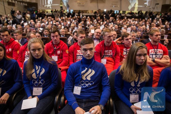 The members of Russian national Olympic team during the meeting of Russian Olympic committee in Moscow, Russia, on Dec. 12, 2017. (Xinhua/Evgeny Sinitsyn) The members of Russian national Olympic team during the meeting of Russian Olympic committee in Moscow, Russia, on Dec. 12, 2017. (Xinhua/Evgeny Sinitsyn)