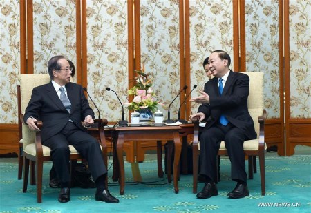 Huang Kunming (R, front), head of the Publicity Department of the Communist Party of China Central Committee, meets with a delegation led by former Japanese Prime Minister Yasuo Fukuda (L, front), who is here to attend the 13th Beijing-Tokyo Forum, in Beijing, capital of China, Dec. 15, 2017. (Xinhua/Zhang Duo) Huang Kunming (R, front), head of the Publicity Department of the Communist Party of China Central Committee, meets with a delegation led by former Japanese Prime Minister Yasuo Fukuda (L, front), who is here to attend the 13th Beijing-Tokyo Forum, in Beijing, capital of China, Dec. 15, 2017. (Xinhua/Zhang Duo)