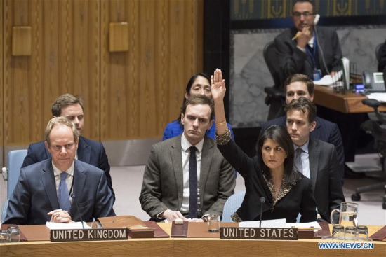 U.S. Ambassador to the United Nations Nikki Haley (R, front) vetoes a UN Security Council draft resolution on the status of Jerusalem at the UN headquarters in New York, on Dec. 18, 2017. (Xinhua/UN Photo) U.S. Ambassador to the United Nations Nikki Haley (R, front) vetoes a UN Security Council draft resolution on the status of Jerusalem at the UN headquarters in New York, on Dec. 18, 2017. (Xinhua/UN Photo)