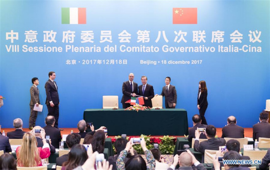 Chinese Foreign Minister Wang Yi and his Italian counterpart Angelino Alfano attend the closing ceremony of the eighth joint meeting of the China-Italy Government Committee in Beijing, capital of China, Dec. 18, 2017. Wang held talks with Alfano on Monday. (Xinhua/Ding Haitao) Chinese Foreign Minister Wang Yi and his Italian counterpart Angelino Alfano attend the closing ceremony of the eighth joint meeting of the China-Italy Government Committee in Beijing, capital of China, Dec. 18, 2017. Wang held talks with Alfano on Monday. (Xinhua/Ding Haitao)