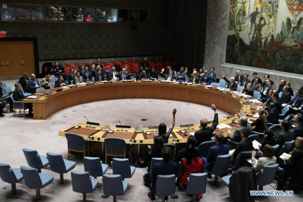 Photo taken on Dec. 22, 2017 shows the United Nations Security Council voting on a resolution on the Democratic People's Republic of Korea (DPRK) at the UN headquarters in New York. The United Nations Security Council on Friday adopted a resolution to tighten sanctions against the DPRK. (Xinhua/Wang Ying) Photo taken on Dec. 22, 2017 shows the United Nations Security Council voting on a resolution on the Democratic People's Republic of Korea (DPRK) at the UN headquarters in New York. The United Nations Security Council on Friday adopted a resolution to tighten sanctions against the DPRK. (Xinhua/Wang Ying)