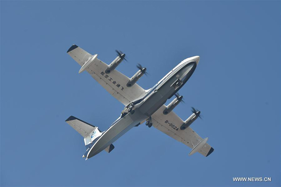 China's first home-grown large amphibious aircraft AG600 takes off at the Jinwan Civil Aviation Airport in Zhuhai, south China's Guangdong Province, Dec. 24, 2017. (Xinhua/Liang Xu) China's first home-grown large amphibious aircraft AG600 takes off at the Jinwan Civil Aviation Airport in Zhuhai, south China's Guangdong Province, Dec. 24, 2017. (Xinhua/Liang Xu)