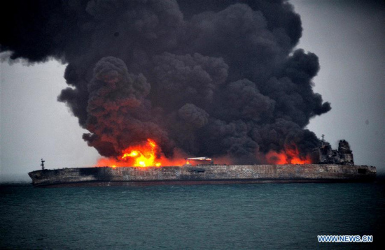 The Panama-registered oil tanker is seen on fire in waters about 160 sea miles east of the Yangtze River's estuary, Jan. 7, 2018. (Xinhua) The Panama-registered oil tanker is seen on fire in waters about 160 sea miles east of the Yangtze River's estuary, Jan. 7, 2018. (Xinhua)