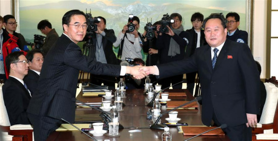 Ri Son-gwon (R), chairman of the Committee for the Peaceful Reunification of the Fatherland of the Democratic People's Republic of Korea (DPRK), shakes hands with South Korean Unification Minister Cho Myoung-gyon in the truce village of Panmunjom, Jan. 9, 2018. South Korea and the DPRK on Tuesday kicked off a senior-level, inter-governmental dialogue in the truce village of Panmunjom. (Xinhua/Newsis) Ri Son-gwon (R), chairman of the Committee for the Peaceful Reunification of the Fatherland of the Democratic People's Republic of Korea (DPRK), shakes hands with South Korean Unification Minister Cho Myoung-gyon in the truce village of Panmunjom, Jan. 9, 2018. South Korea and the DPRK on Tuesday kicked off a senior-level, inter-governmental dialogue in the truce village of Panmunjom. (Xinhua/Newsis)