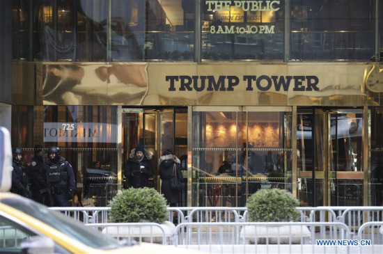 Photo taken on Jan. 8, 2018 show Trump Tower in New York, the United States. A small electrical fire ocurred in a cooling tower on the roof of Trump Tower on Monday morning. (Xinhua/Wang Ying) Photo taken on Jan. 8, 2018 show Trump Tower in New York, the United States. A small electrical fire ocurred in a cooling tower on the roof of Trump Tower on Monday morning. (Xinhua/Wang Ying)