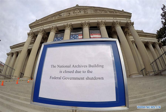 A sign indicating that the National Archives Building is closed due to the federal government shutdown is seen in Washington D.C., the United States, on Jan. 22, 2018. (Xinhua/Yin Bogu) A sign indicating that the National Archives Building is closed due to the federal government shutdown is seen in Washington D.C., the United States, on Jan. 22, 2018. (Xinhua/Yin Bogu)