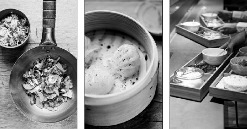 From left: These Asian dishes have inspired Alain Ducasse during his recent travels: wok-sauteed seasonal vegetables, softly spiced shrimp ravioli and lunch bento. (Photo provided to China Daily) From left: These Asian dishes have inspired Alain Ducasse during his recent travels: wok-sauteed seasonal vegetables, softly spiced shrimp ravioli and lunch bento. (Photo provided to China Daily)
