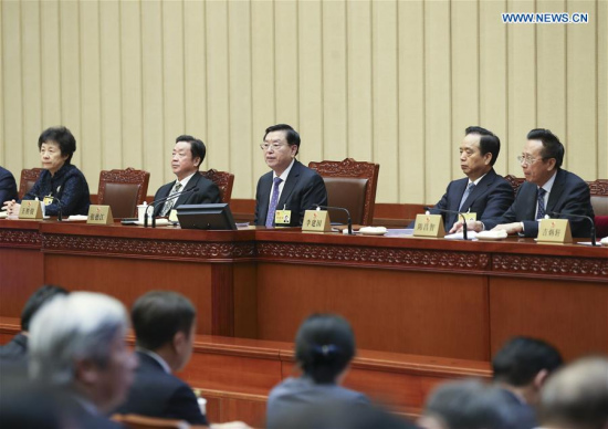 Zhang Dejiang (C), chairman of the Standing Committee of China's National People's Congress (NPC), speaks at the closing meeting of the 32nd session of the 12th NPC Standing Committee in Beijing, capital of China, Jan. 30, 2018. (Xinhua/Yao Dawei) Zhang Dejiang (C), chairman of the Standing Committee of China's National People's Congress (NPC), speaks at the closing meeting of the 32nd session of the 12th NPC Standing Committee in Beijing, capital of China, Jan. 30, 2018. (Xinhua/Yao Dawei)