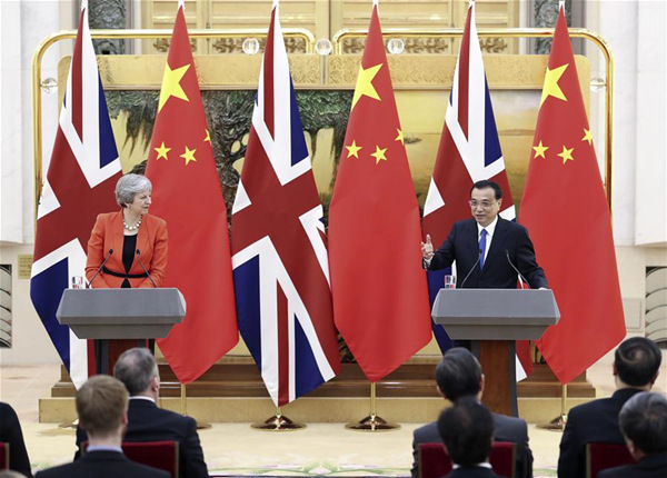 Chinese Premier Li Keqiang and visiting British Prime Minister Theresa May, meet the press after a China-Britain annual dialogue between heads of government, in Beijing, capital of China, Jan. 31, 2018. (Xinhua/Ding Haitao) Chinese Premier Li Keqiang and visiting British Prime Minister Theresa May, meet the press after a China-Britain annual dialogue between heads of government, in Beijing, capital of China, Jan. 31, 2018. (Xinhua/Ding Haitao)