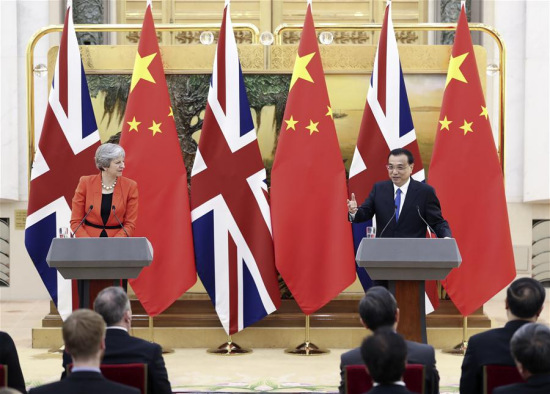 Chinese Premier Li Keqiang and visiting British Prime Minister Theresa May, meet the press after a China-Britain annual dialogue between heads of government, in Beijing, capital of China, Jan. 31, 2018. (Xinhua/Ding Haitao) Chinese Premier Li Keqiang and visiting British Prime Minister Theresa May, meet the press after a China-Britain annual dialogue between heads of government, in Beijing, capital of China, Jan. 31, 2018. (Xinhua/Ding Haitao)