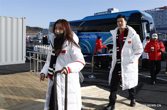 Wang Shiyue (1st L) and Liu Xinyu (2nd L), China's figure skaters arrive at Olympic Village in Gangneung, South Korea, Feb. 6, 2018. The 2018 PyeongChang Olympic Winter Games will kick off here on Feb. 9. (Xinhua/Han Yan) Wang Shiyue (1st L) and Liu Xinyu (2nd L), China's figure skaters arrive at Olympic Village in Gangneung, South Korea, Feb. 6, 2018. The 2018 PyeongChang Olympic Winter Games will kick off here on Feb. 9. (Xinhua/Han Yan)