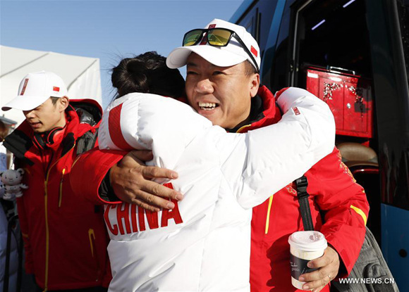 Chairwoman of China Figure Skating Association Shen Xue (L) hugs her husband, head coach of China's figure skating team Zhao Hongbo upon his arrival at Olympic Village in Gangneung, South Korea, Feb. 6, 2018. The 2018 PyeongChang Olympic Winter Games will kick off here on Feb. 9. (Xinhua/Han Yan) Chairwoman of China Figure Skating Association Shen Xue (L) hugs her husband, head coach of China's figure skating team Zhao Hongbo upon his arrival at Olympic Village in Gangneung, South Korea, Feb. 6, 2018. The 2018 PyeongChang Olympic Winter Games will kick off here on Feb. 9. (Xinhua/Han Yan)
